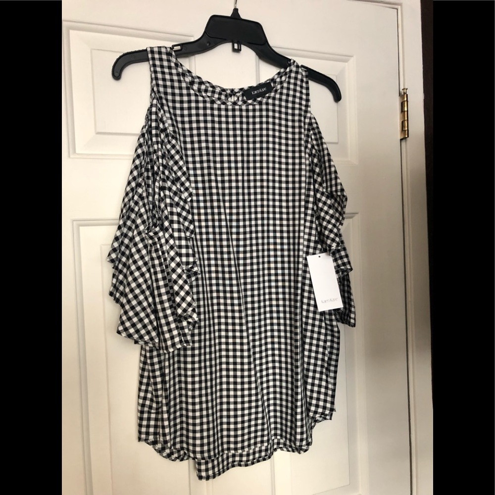 NWT Gingham black and white open shoulder top. - Picture 1 of 3